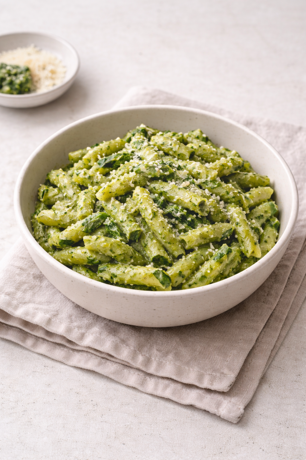 Pasta coated with simple spinach pesto served in a neutral bowl with natural light