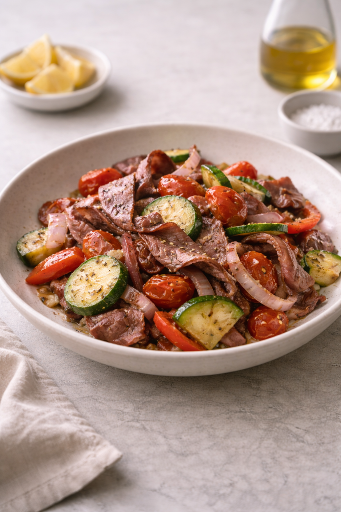 Warm pastrami with sautéed vegetables served in a simple home kitchen setting