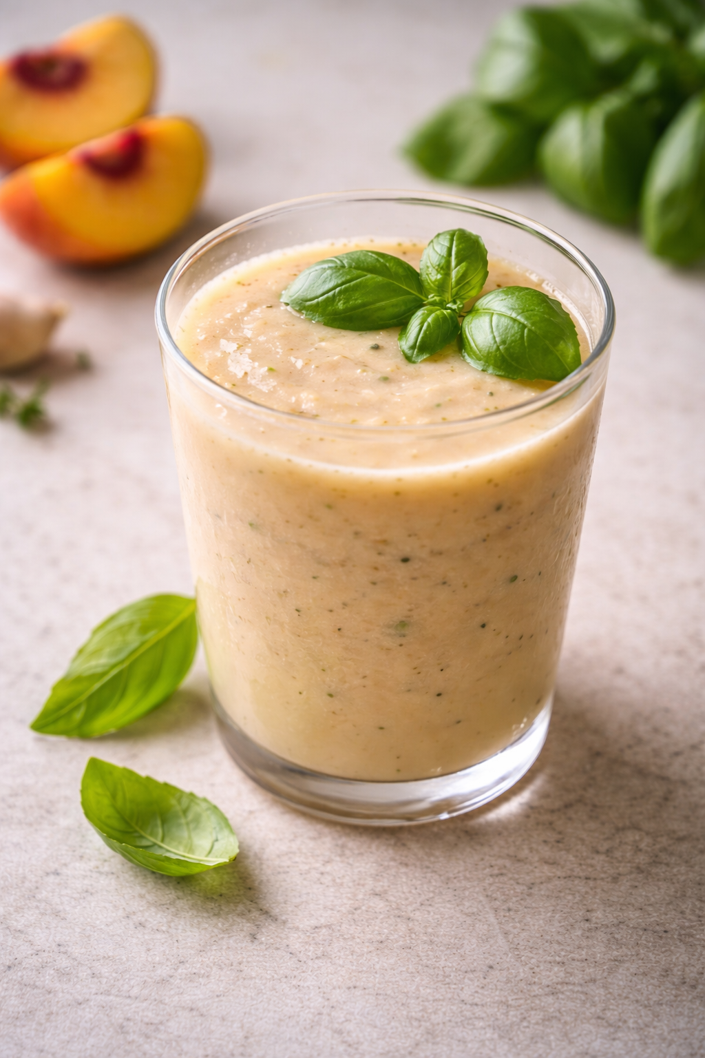 Refreshing peach and basil smoothie served cold in a simple glass
