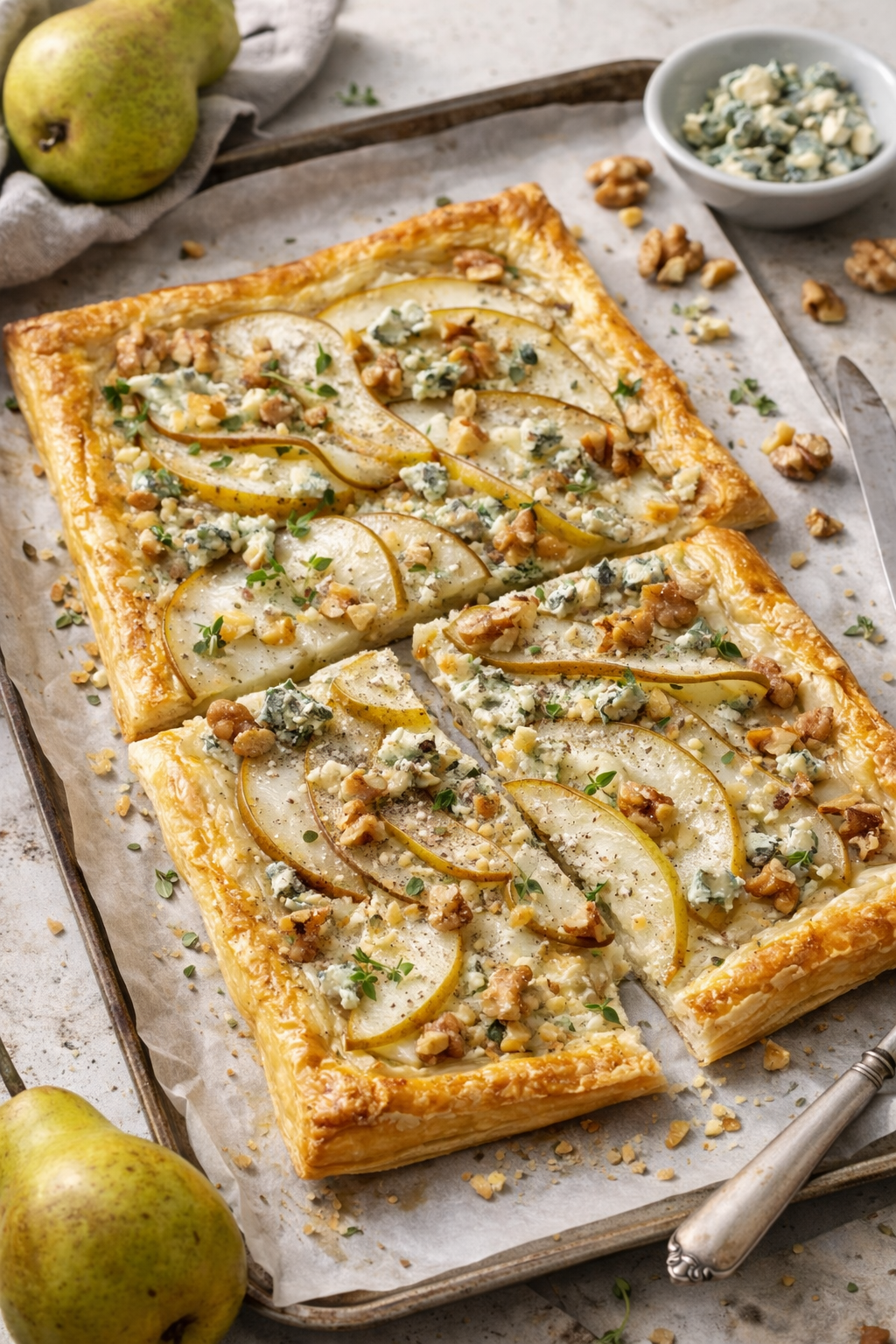 Rustic puff pastry tart topped with sliced pears, blue cheese, walnuts, and thyme