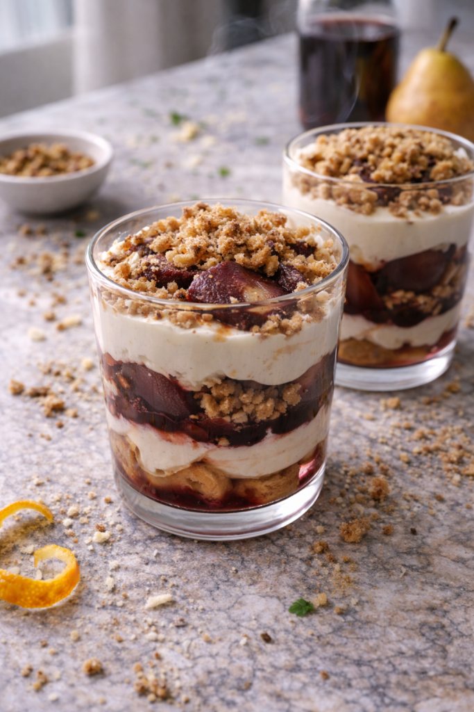Layered tiramisu with red wine pears, mascarpone cream, and spiced crumble served in a glass in natural light.