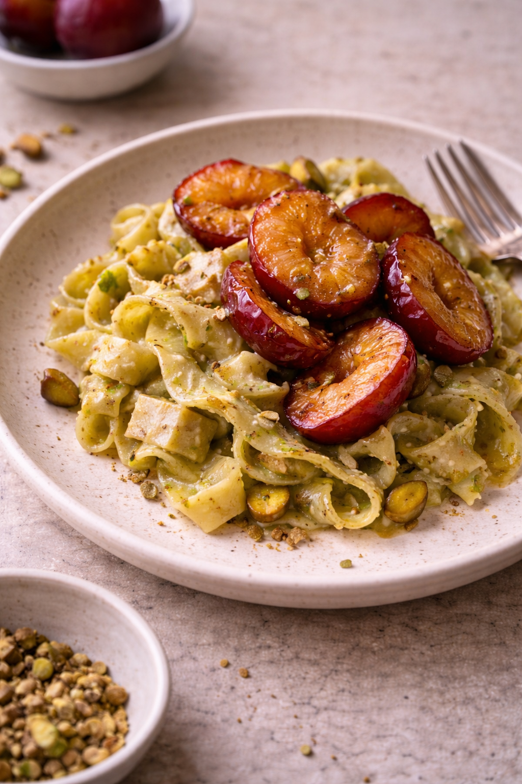 Sweet pistachio crepe pasta served with caramelized plums on a plate in natural daylight.