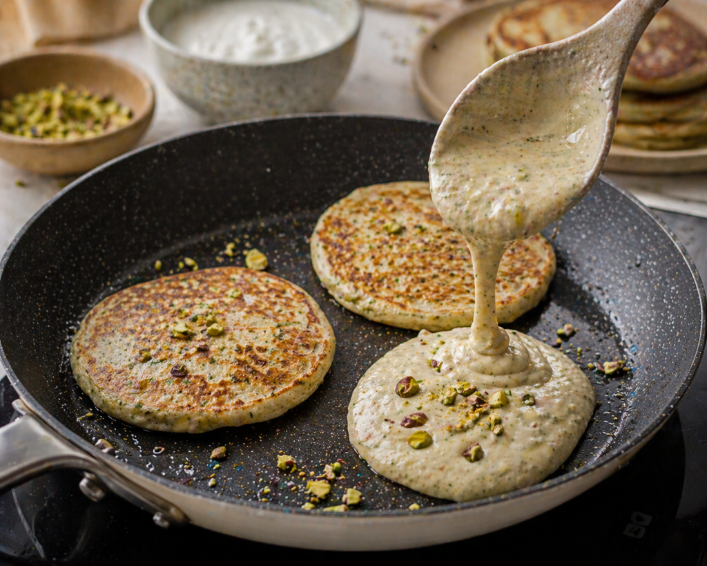 pistachio skyr pancake batter being poured into a pan with visible pistachio pieces and cooking pancakes