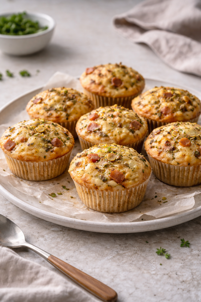 Savory pizza-style muffins with cheese and ham served on a ceramic plate in natural light