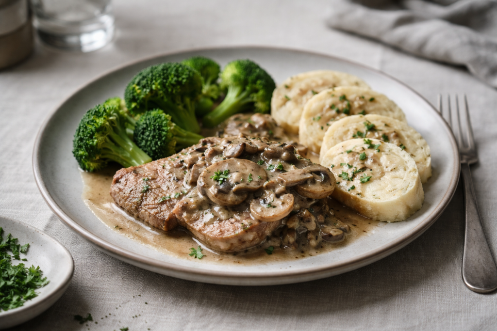 Pork loin with mushroom sauce served with broccoli and soft bread dumplings on a plate