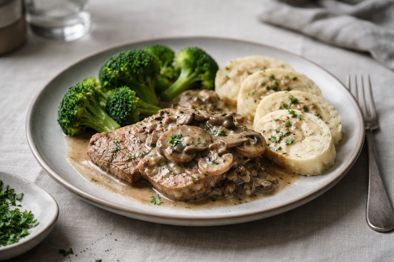 Pork loin with mushroom sauce served with broccoli and soft bread dumplings on a plate