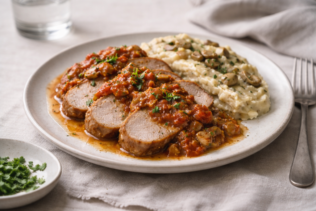 Juicy pork loin with tomato herb sauce served with porcini potato purée on a ceramic plate