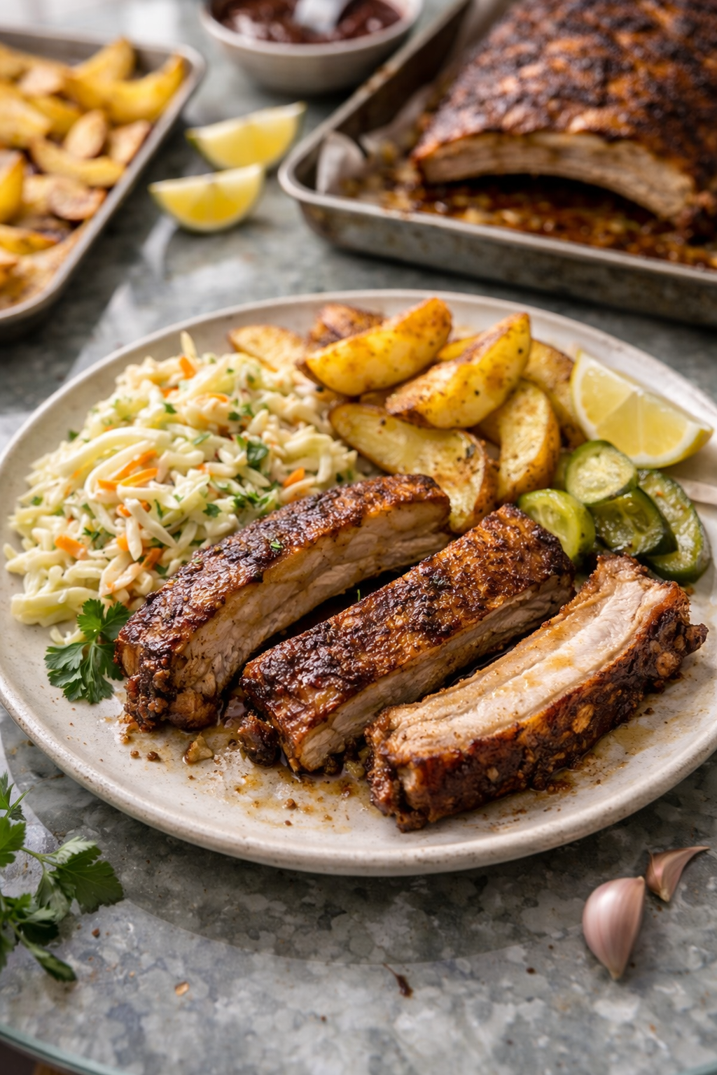 Home-style crispy pork ribs sliced and ready to serve