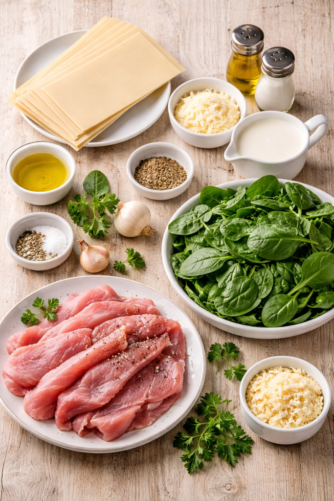 ingredients for quick pork and spinach lasagna arranged on a light wooden table