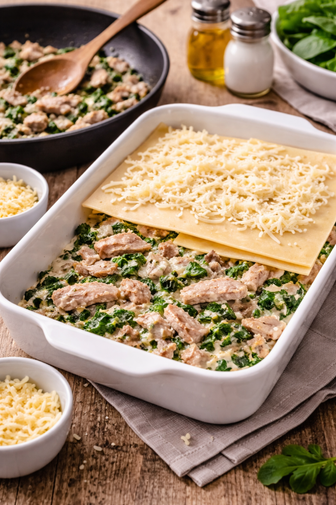 layers of pork spinach lasagna being assembled in a white baking dish before baking