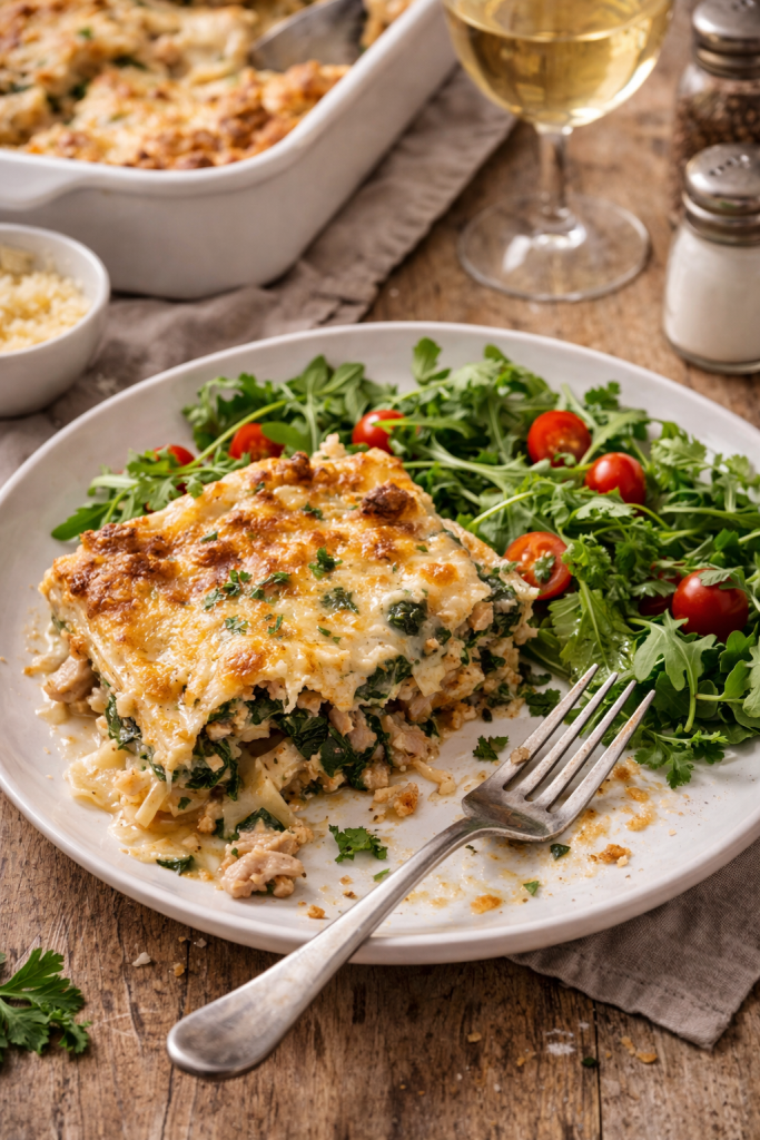partially eaten pork and spinach lasagna served on a plate with fresh green salad