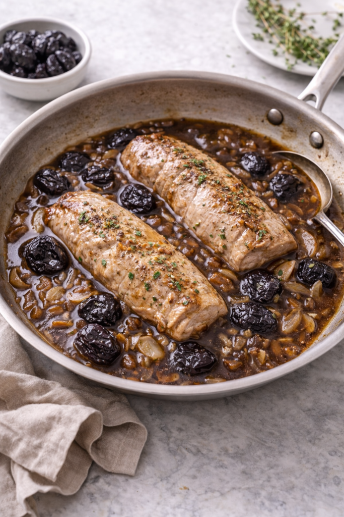 pork tenderloin simmering with prunes and onions in a skillet while cooking the sauce