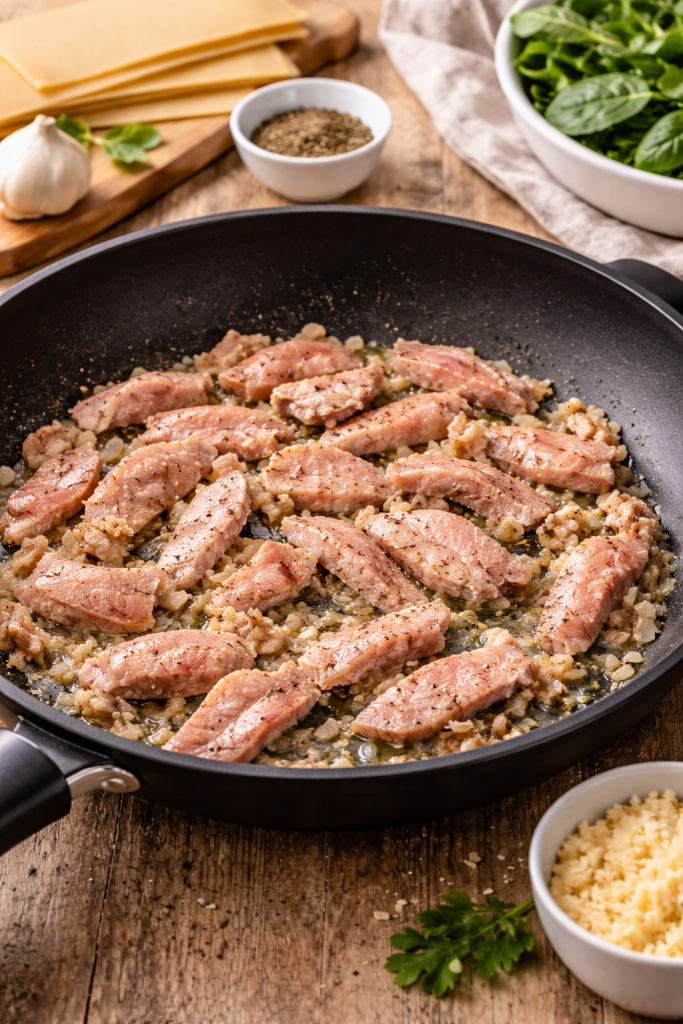 thin slices of pork tenderloin frying in a pan with a small amount of oil