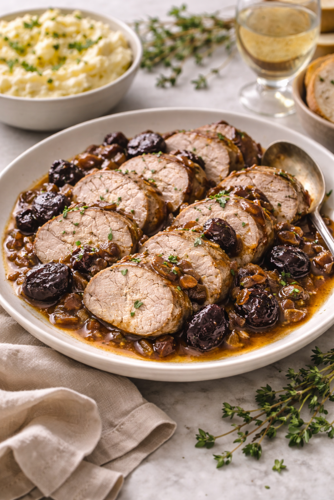 sliced pork tenderloin with prune sauce served on a plate