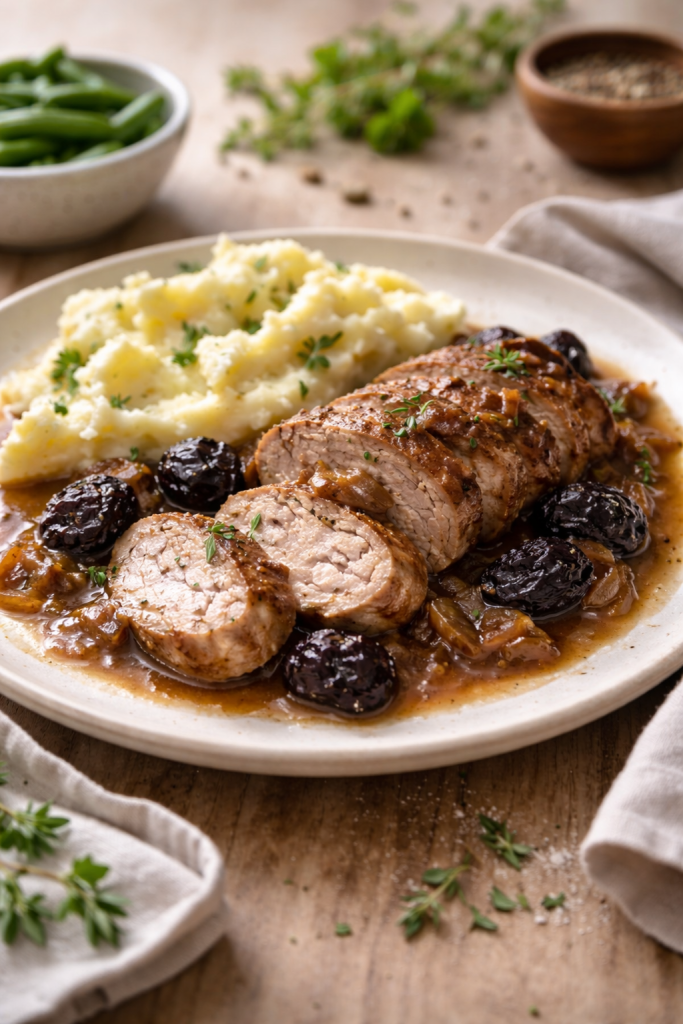 Sliced pork tenderloin served with prunes in a light sauce on a plate, photographed in natural daylight.