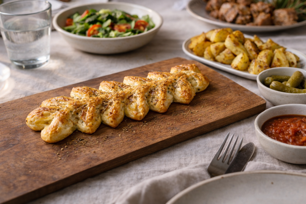 Wheat-shaped puff pastry bake with cheese made quickly for an easy, impressive table centerpiece