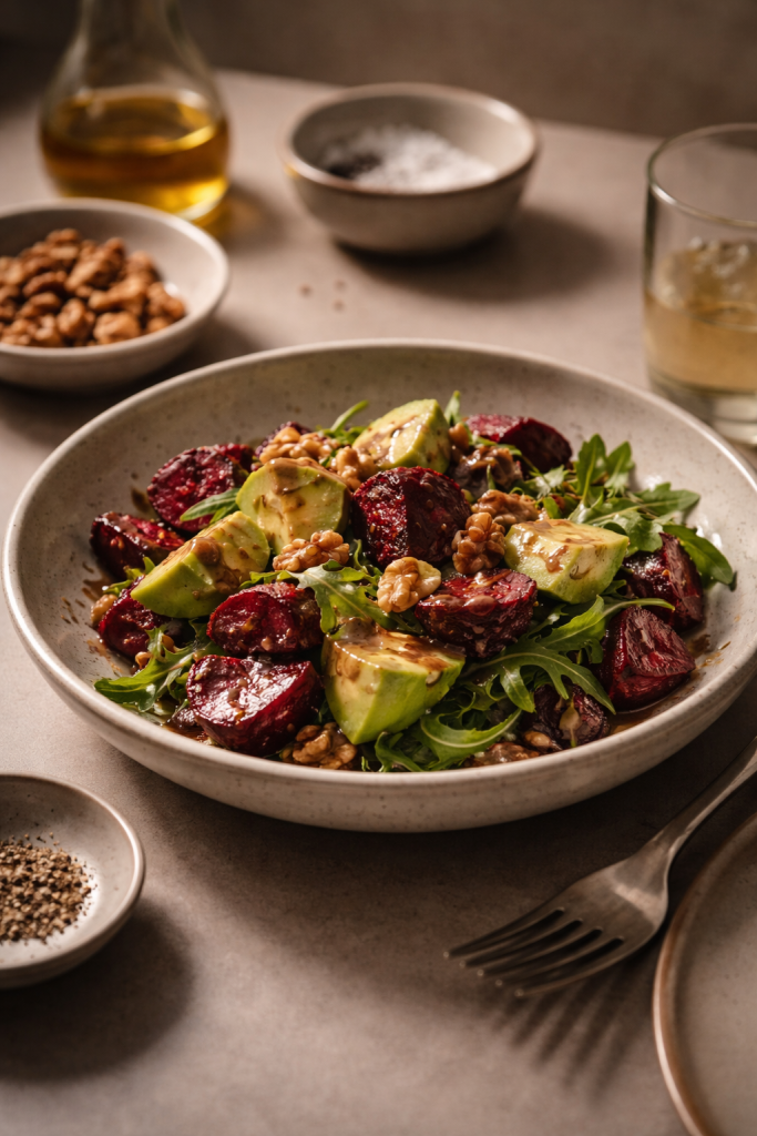 Quick beet and avocado salad with coffee dressing, made for an easy no-cook lunch or fast weeknight dinner.