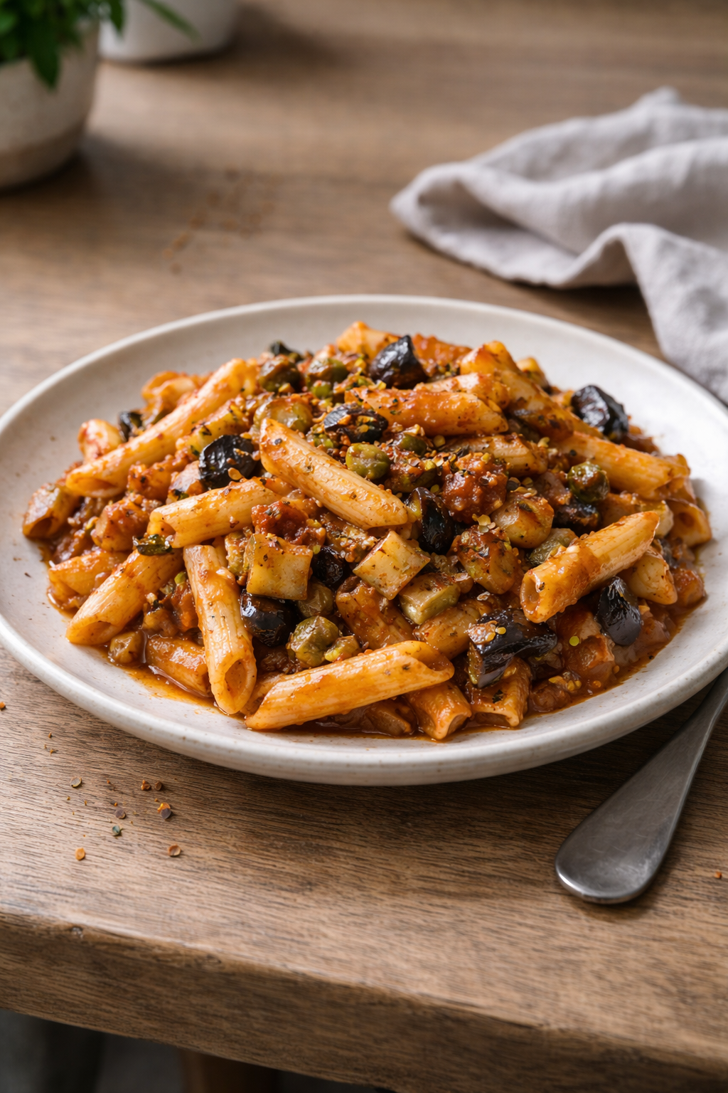 Quick caponata-style pasta made for a cheap, easy dinner that can be cooked in one pan and eaten the next day.