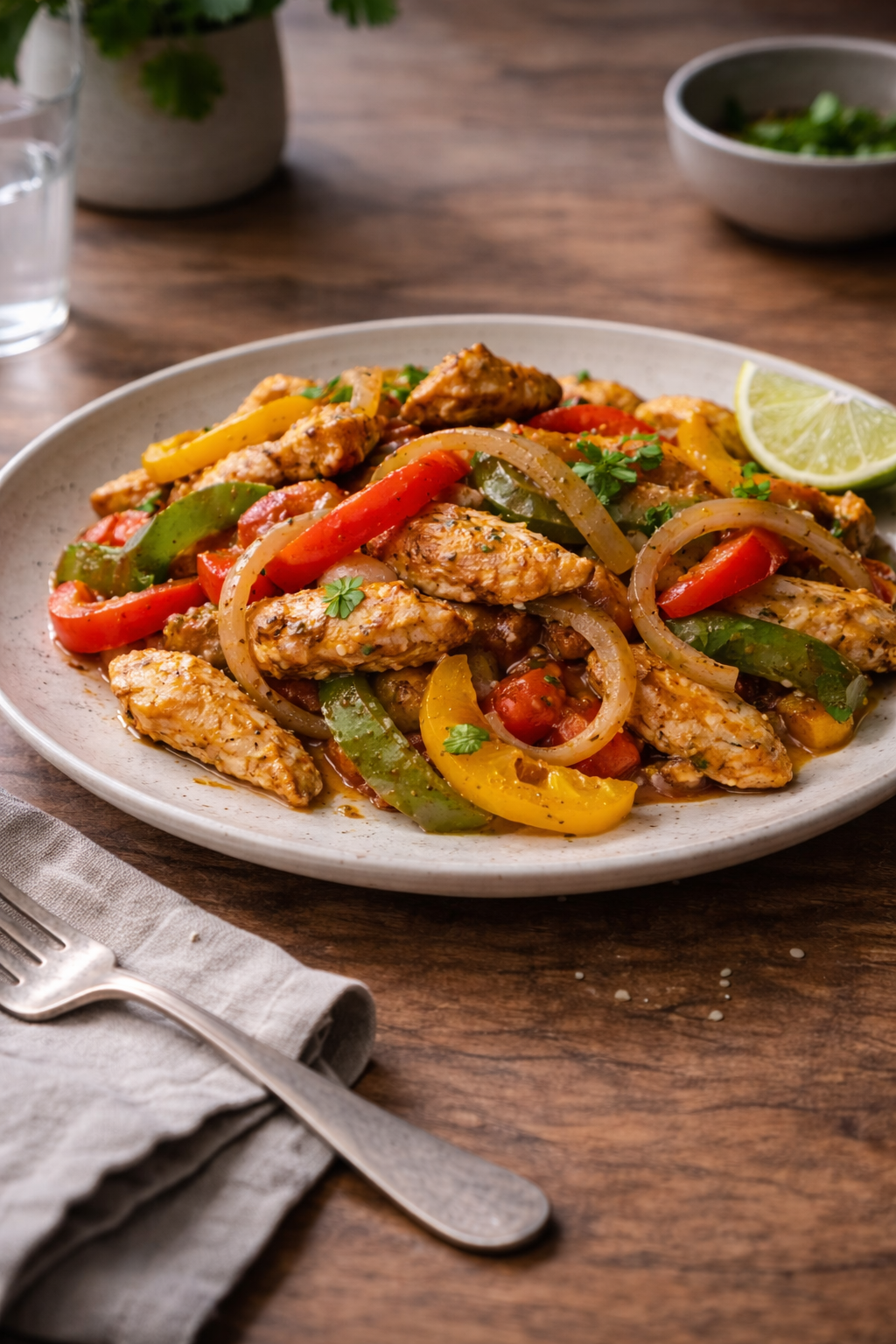 Chicken fajitas with peppers and onions served simply on a plate