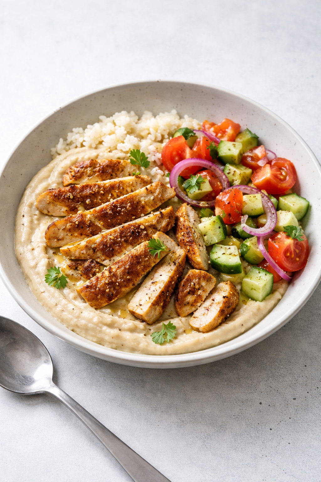 Quick chicken hummus bowl made for a fast, cheap weeknight dinner that doesn’t require complicated cooking.