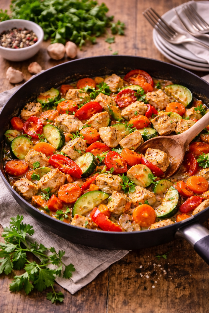 quick chicken and vegetable skillet stew in a pan