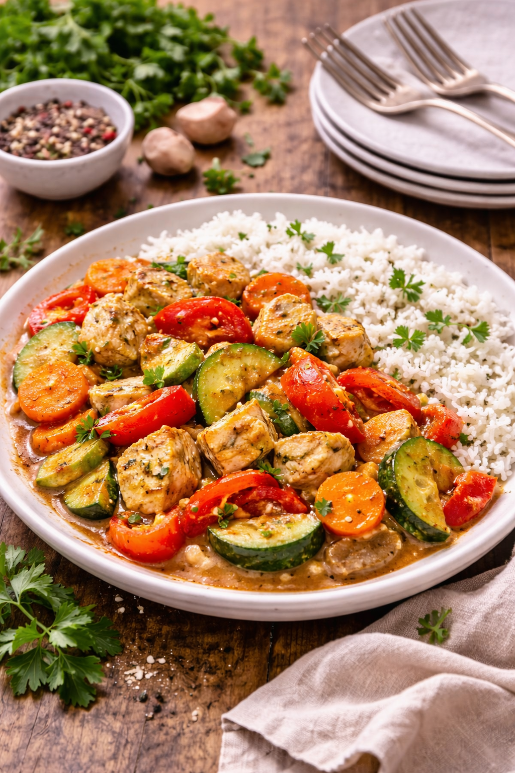 quick chicken and vegetable skillet stew served on a plate with rice