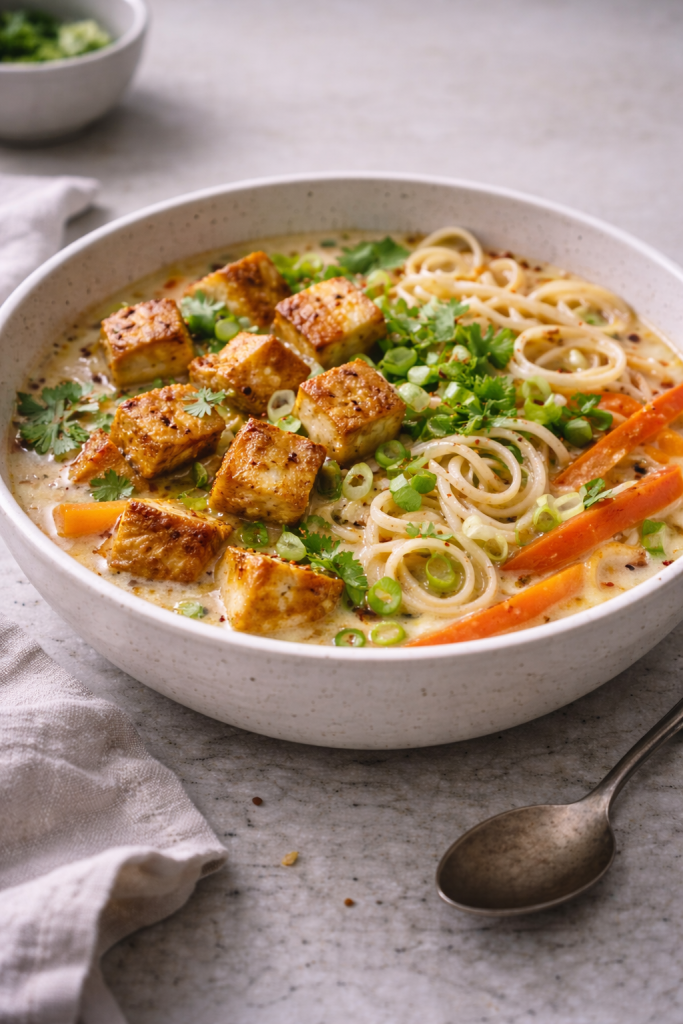 Creamy coconut ramen with tofu, noodles, carrot, and herbs served in a bowl