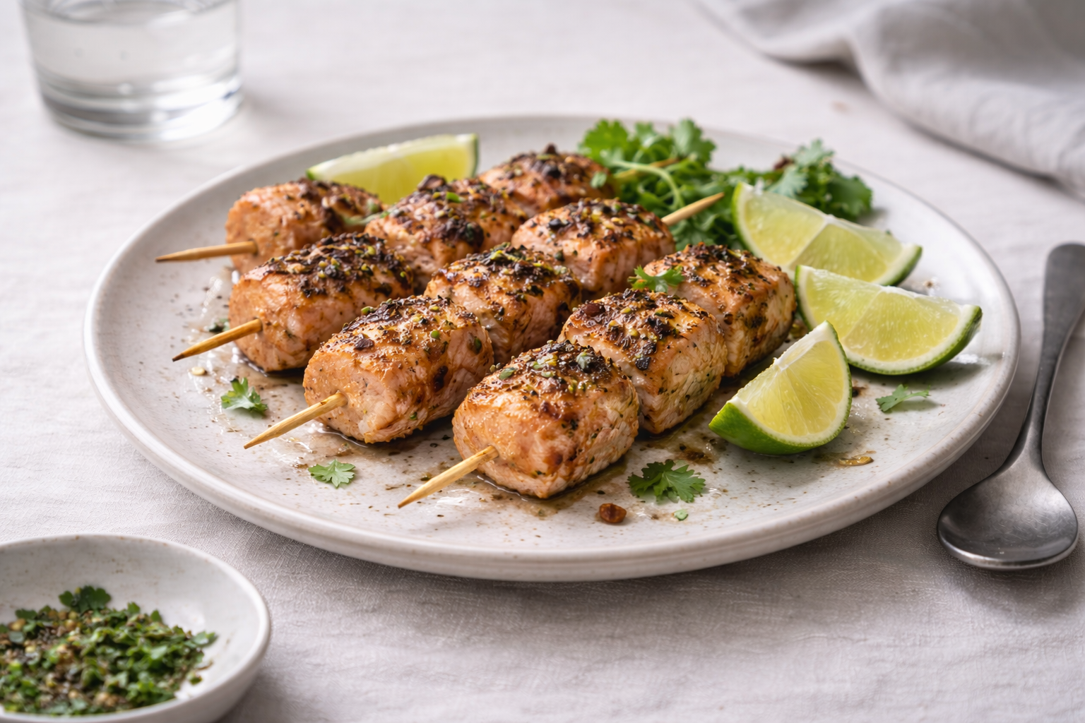 Grilled salmon skewers seasoned with spices and lime, served hot on a ceramic plate