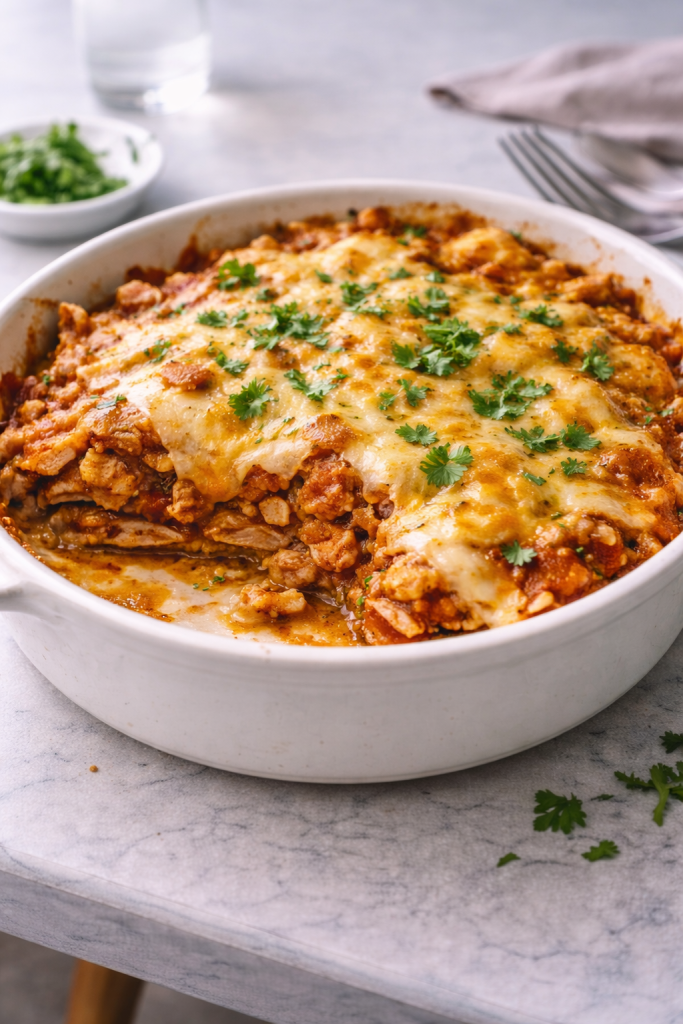 Layered enchilada-style bake made for a cheap, filling dinner with soft tortillas and rich sauce.