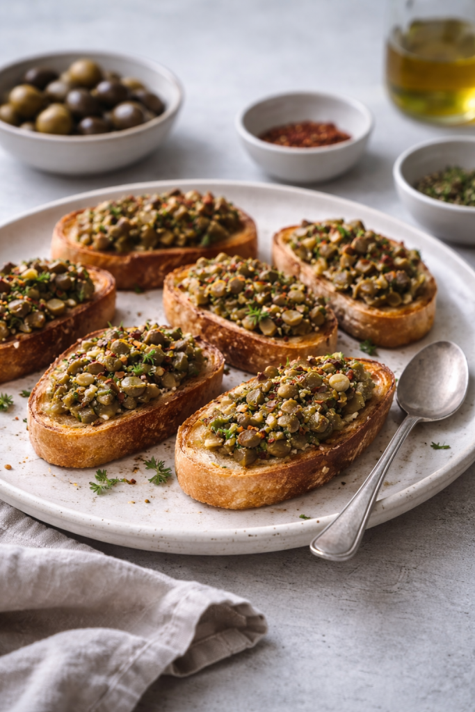 Quick olive tapenade toasts served as an easy snack when you need food fast without cooking.