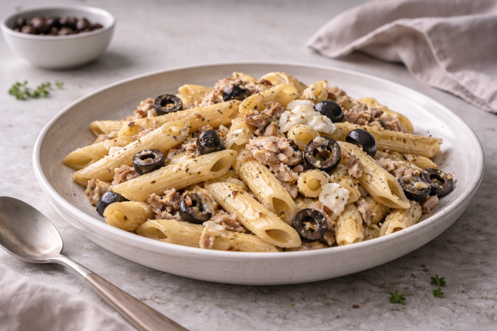 Penne pasta with tuna, olives, and melted mozzarella served in a shallow bowl under natural light