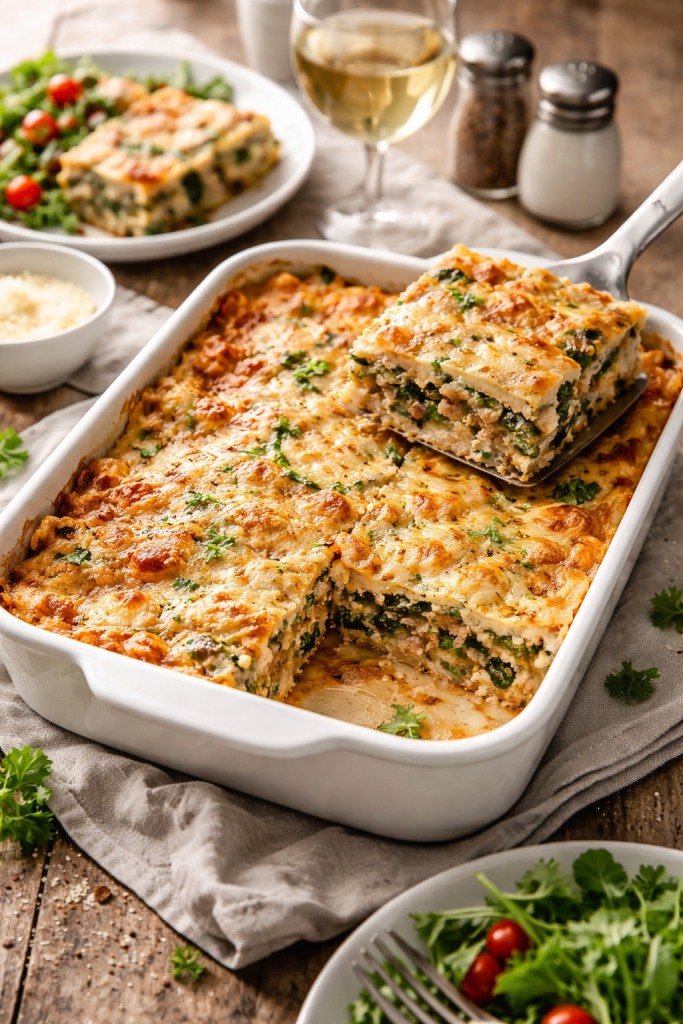 quick pork and spinach lasagna sliced for an easy weeknight dinner