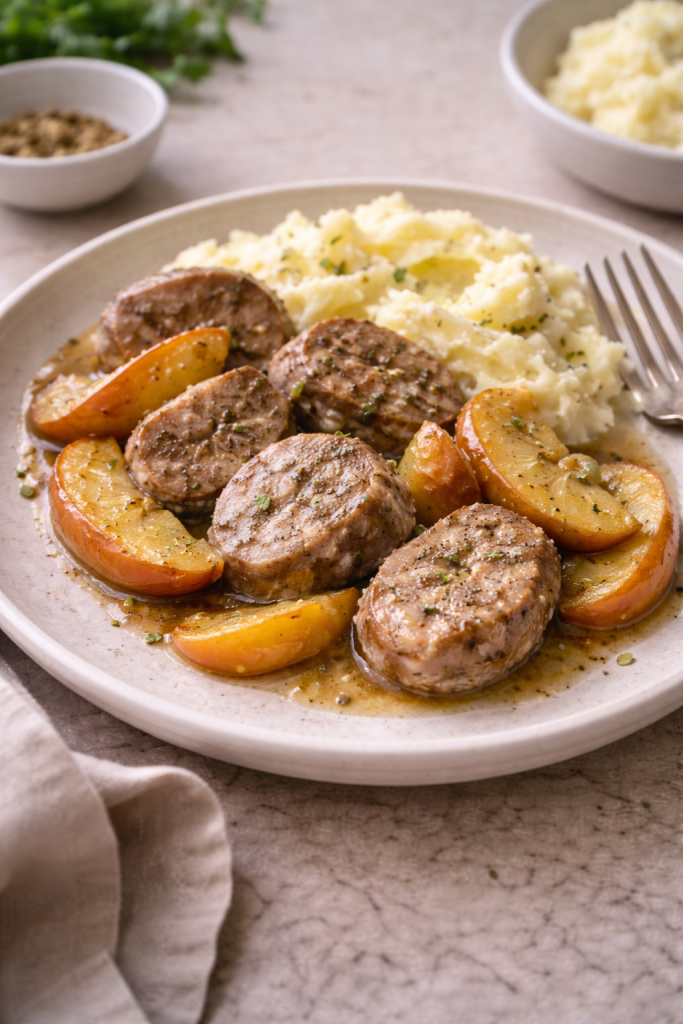 Pork tenderloin medallions served with soft pan-cooked apples on a plate in natural daylight.
