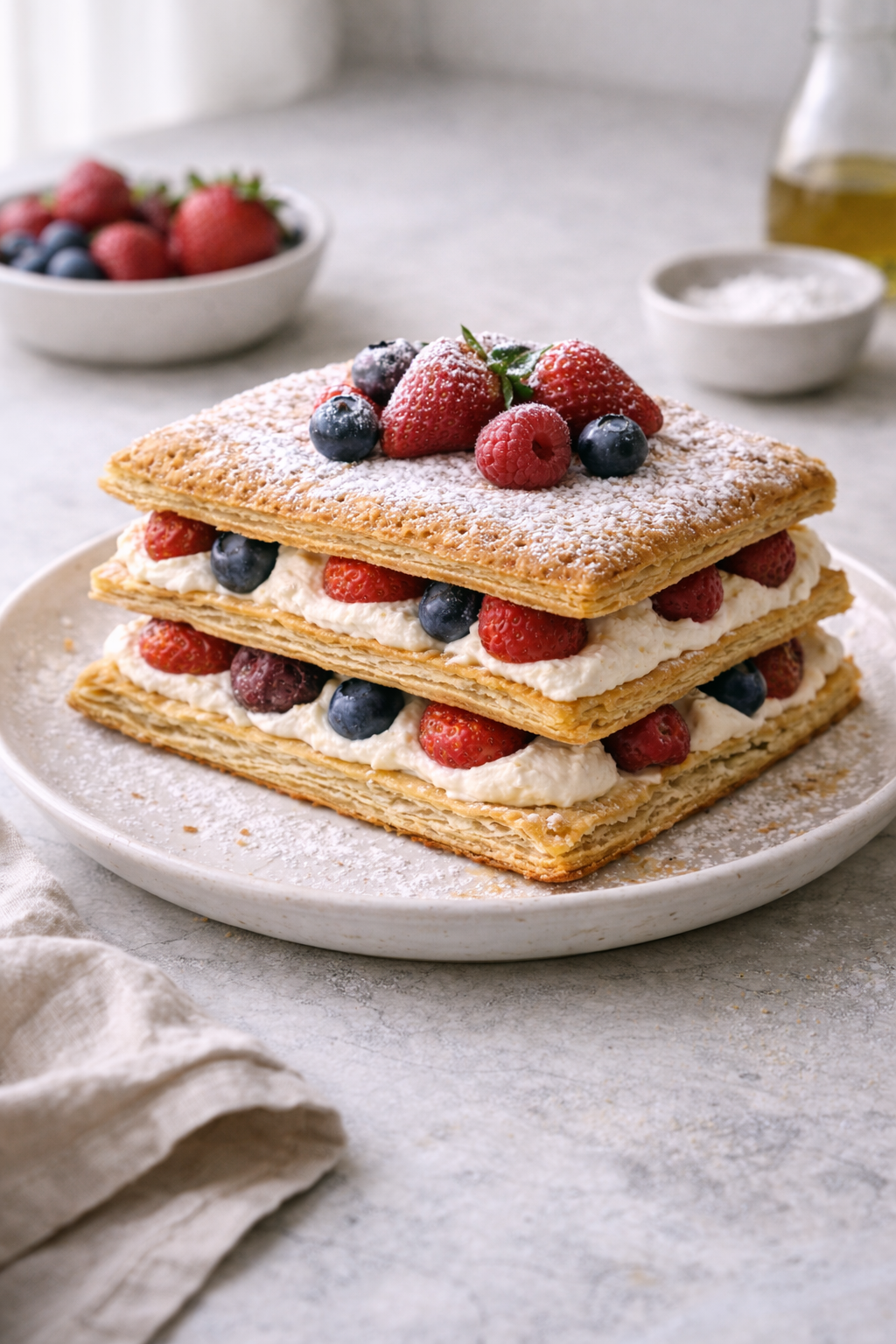 Quick puff pastry layer cake with cream and fruit, photographed in natural daylight