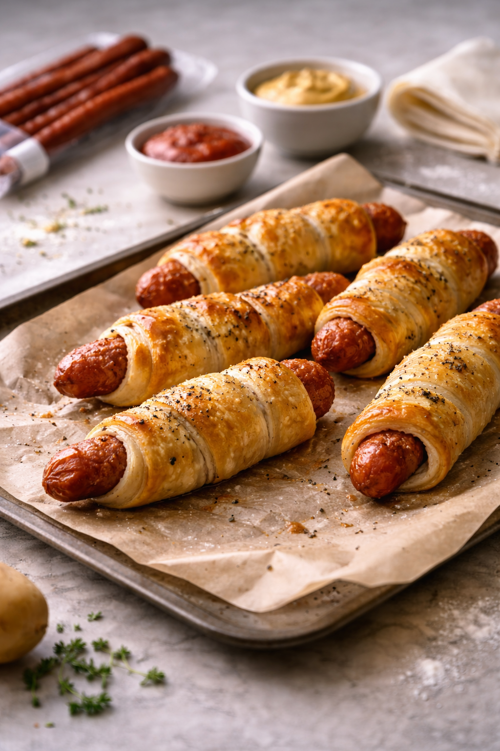 Thin smoked sausages wrapped in baked dough, served warm in a simple home kitchen setting