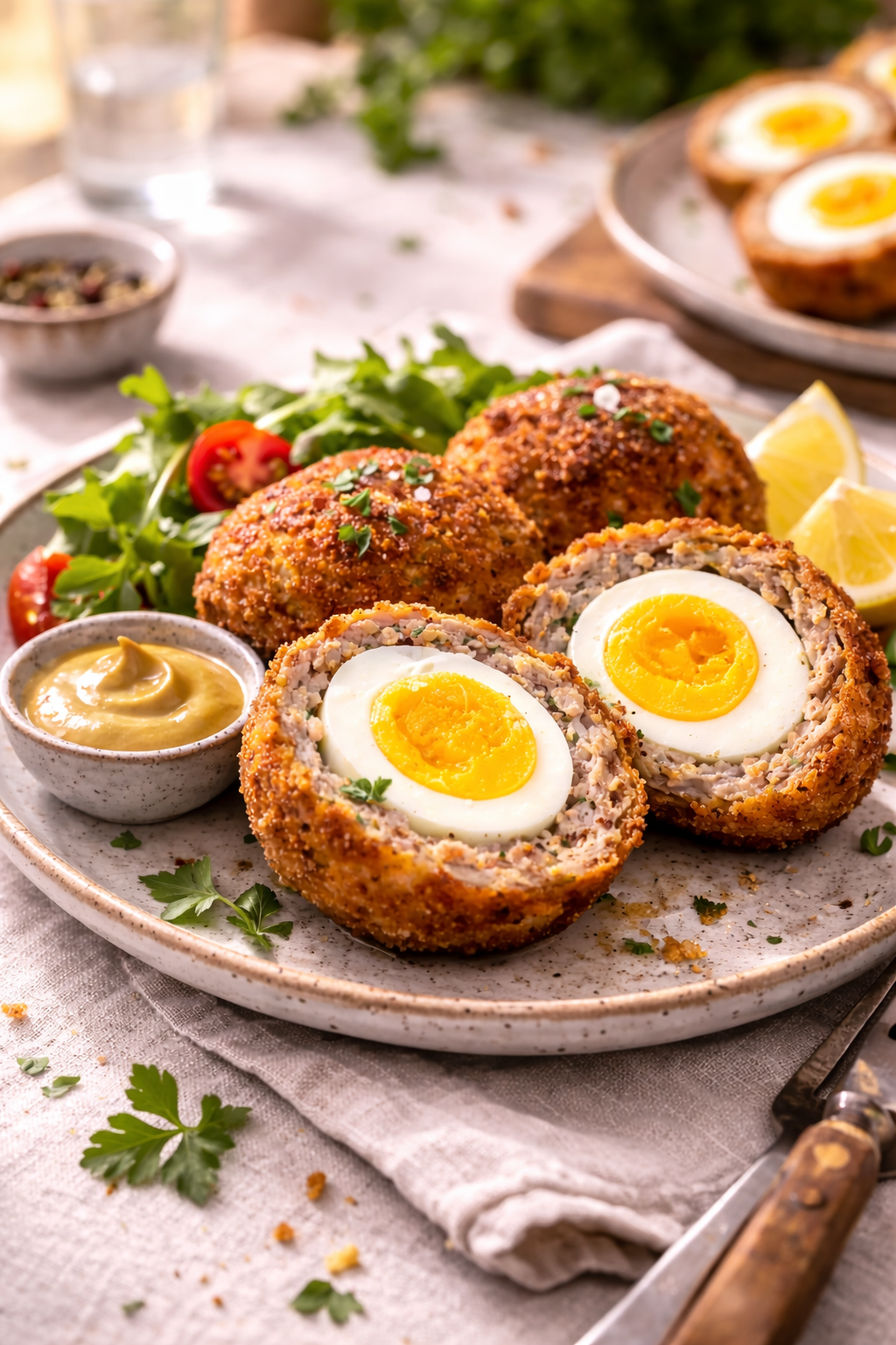quick Scotch-style eggs sliced on a plate
