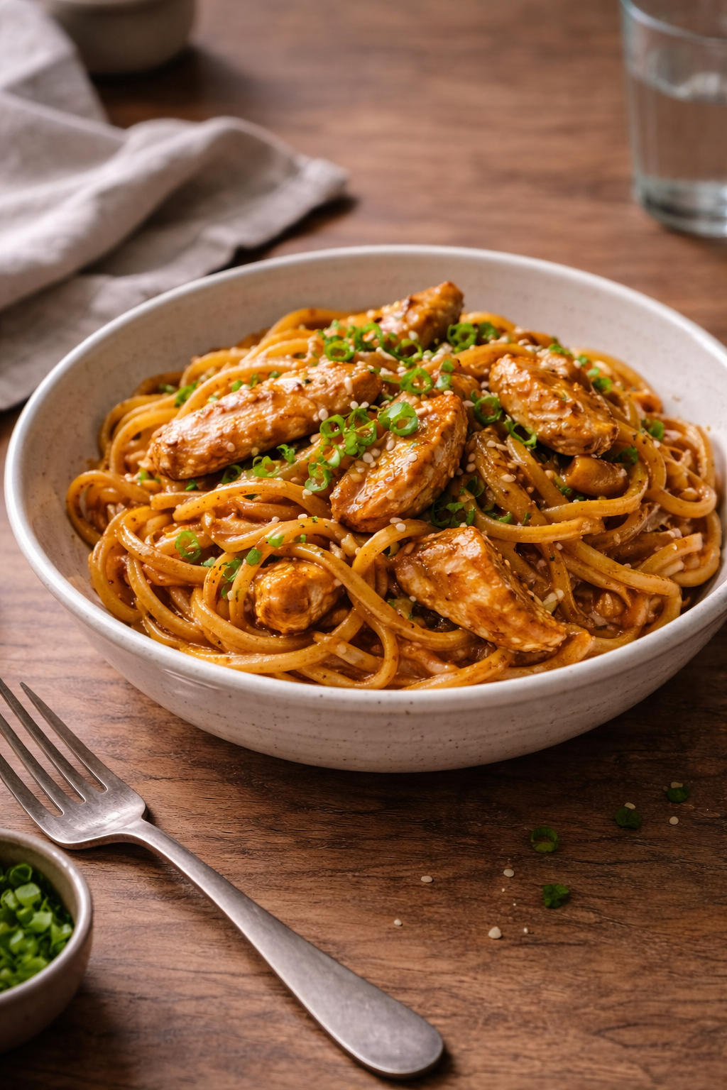 Spicy chicken noodles served in a simple bowl