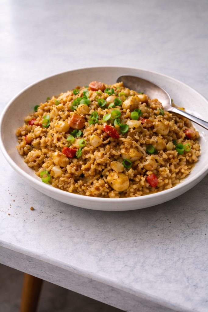 Spicy fried rice cooked quickly for a fast, flavorful dinner using leftover rice and simple ingredients.