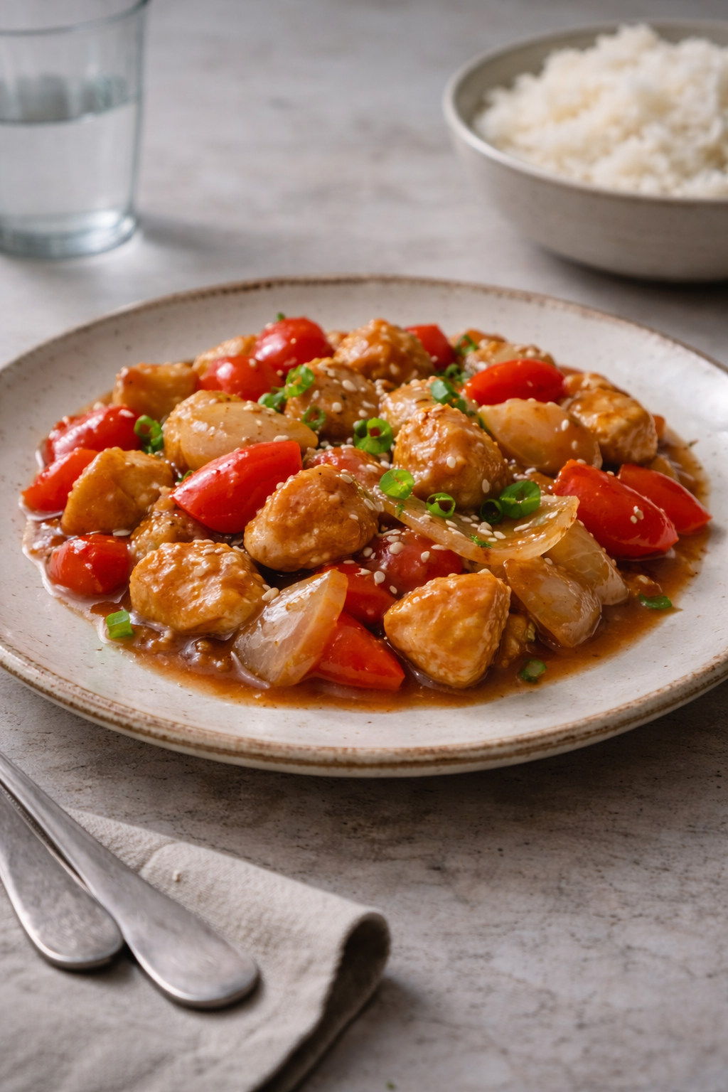 Sweet and sour chicken served simply on a plate with vegetables