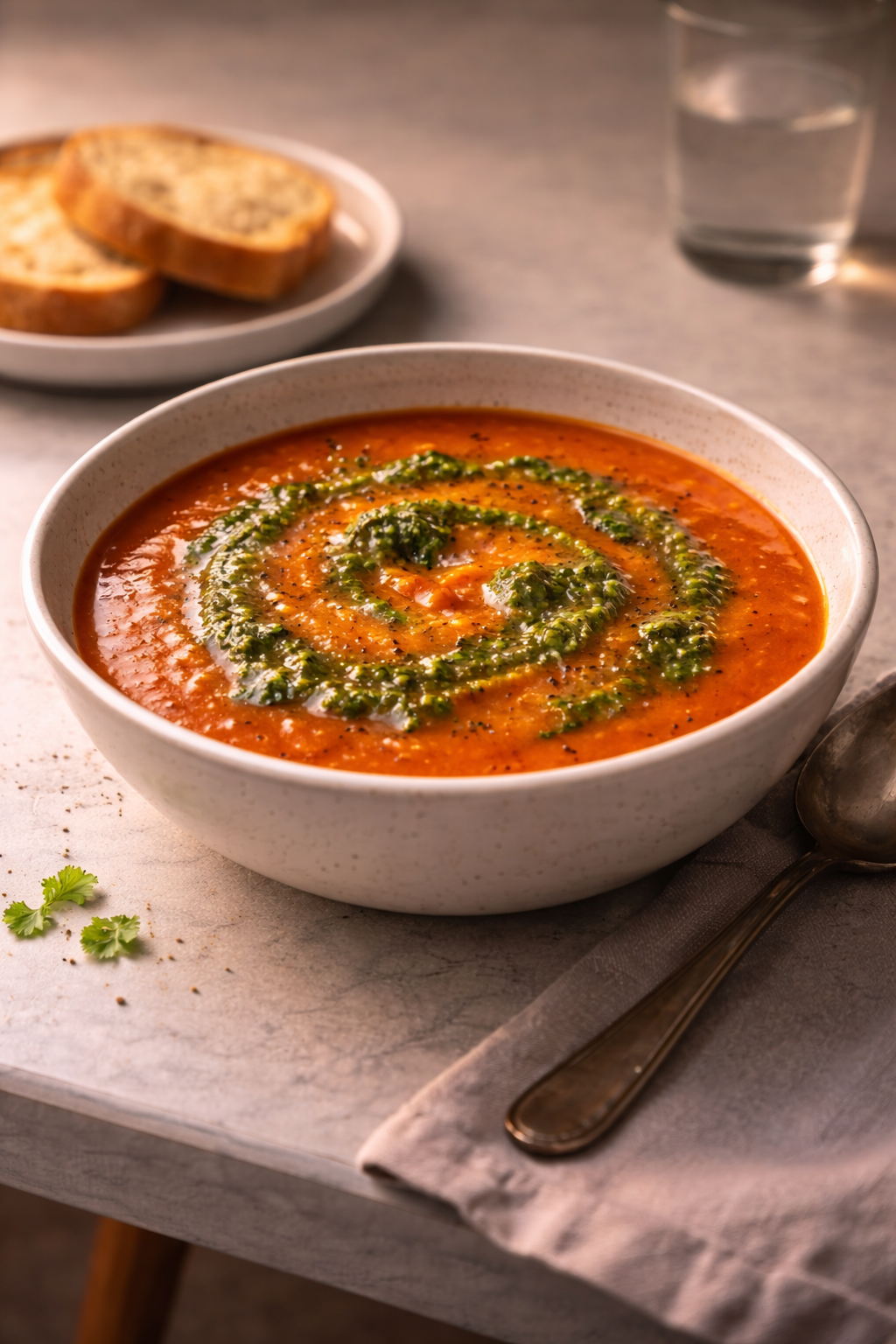Creamy tomato soup with pesto made for a quick, easy dinner that requires minimal ingredients and effort.