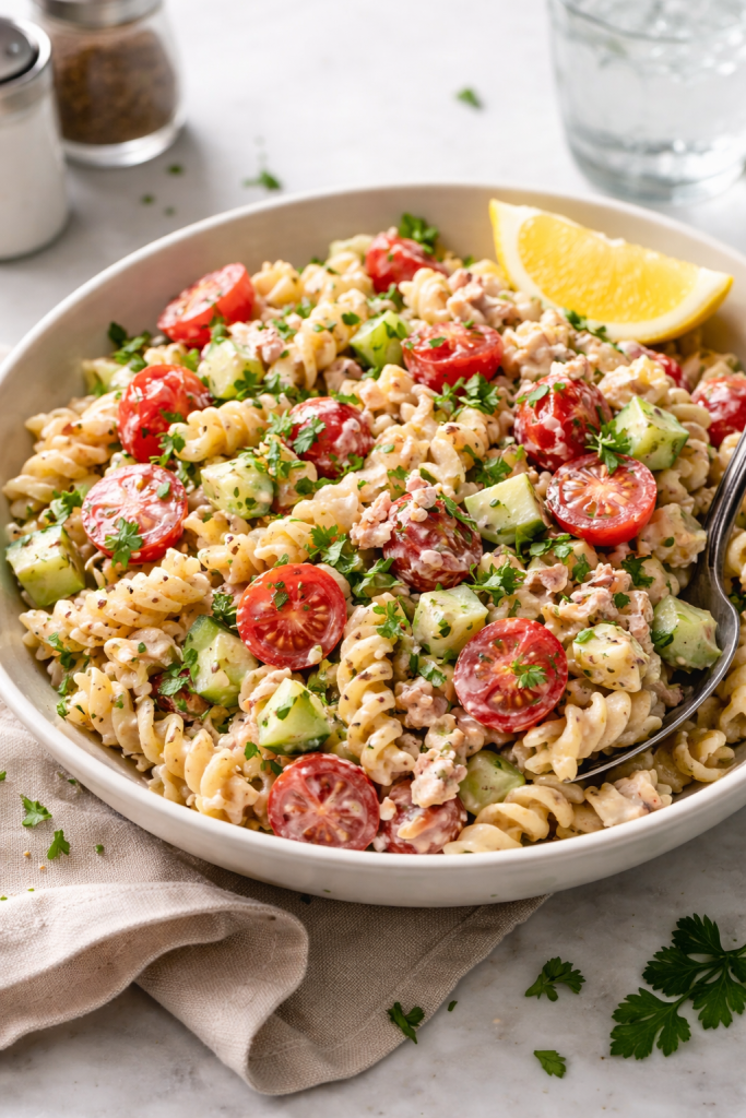 quick tuna pasta salad with pantry ingredients in a bowl