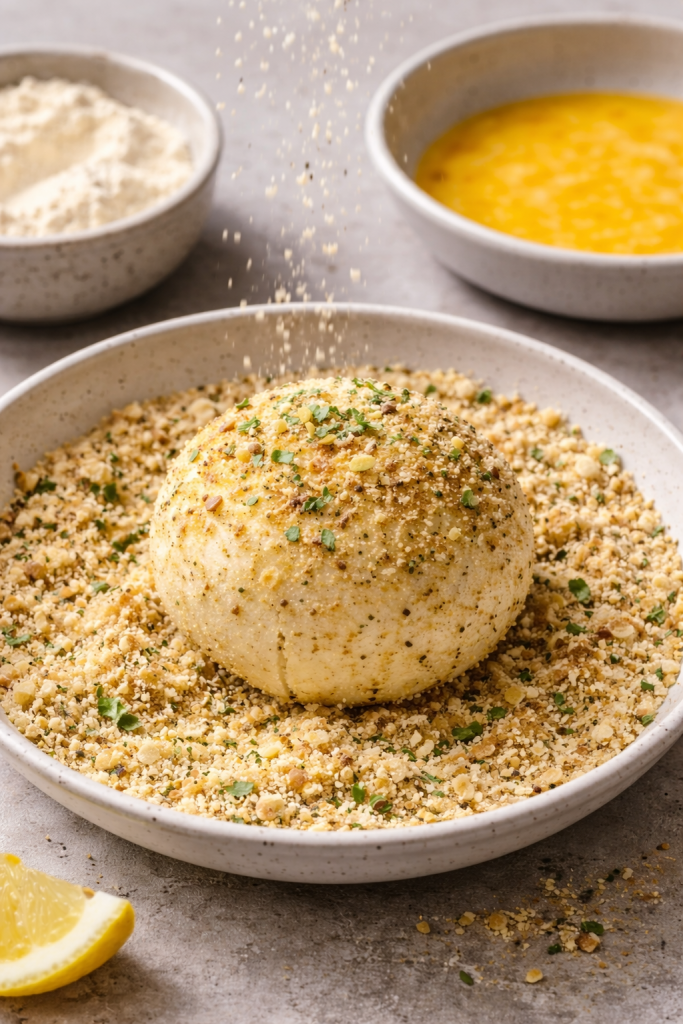 Burrata coated with seasoned breadcrumbs during the breading process for air fryer crispy burrata.