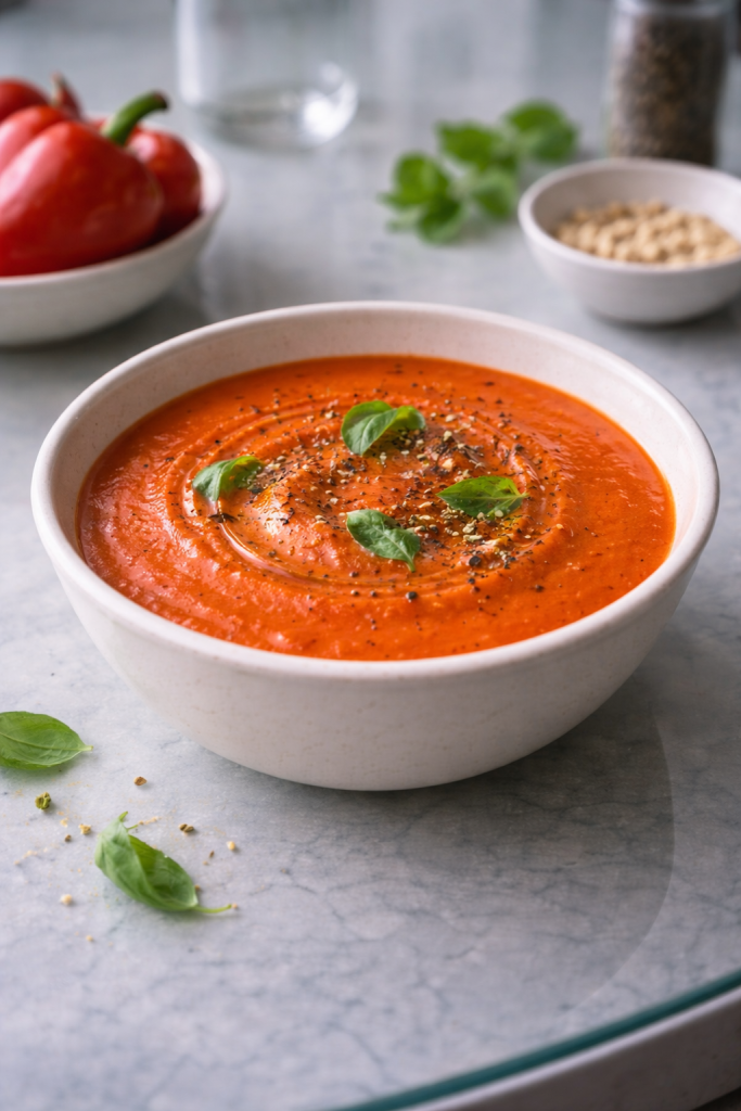 Smooth red pepper soup served in a simple bowl with a warm, natural color