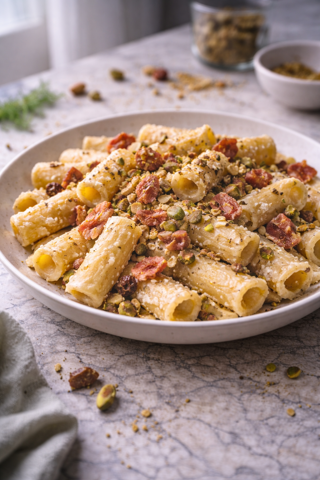Rigatoni pasta with creamy ricotta sauce, crispy bacon, and chopped pistachios served casually in natural light.