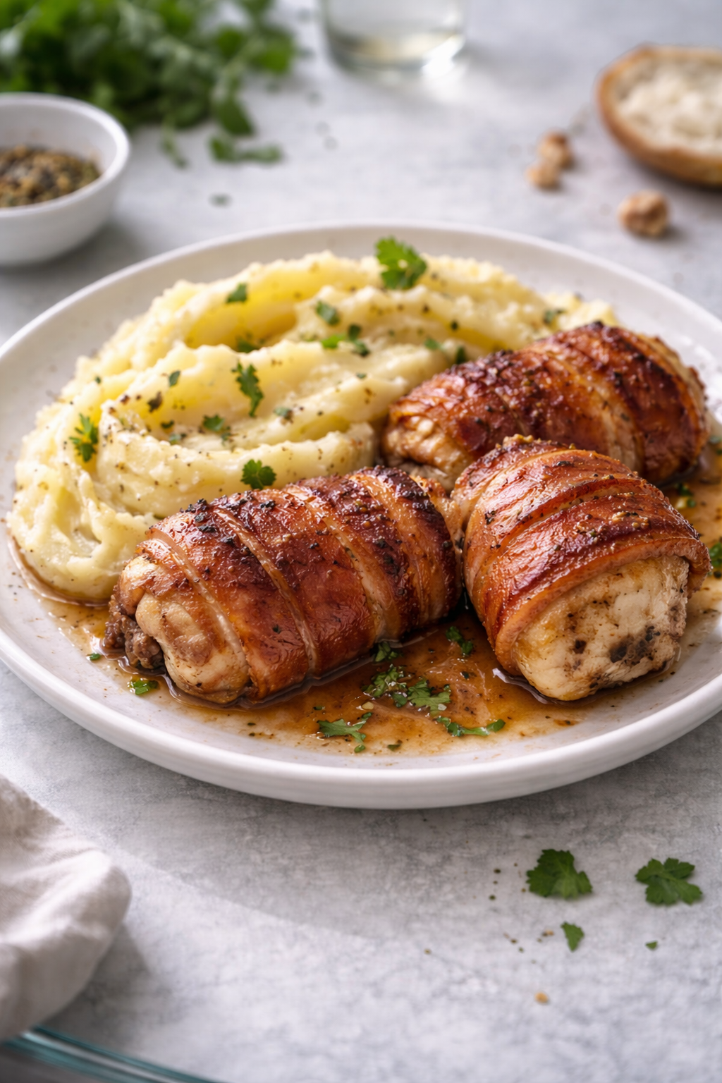 Roast chicken wrapped in bacon served with buttery mashed potatoes on a simple plate