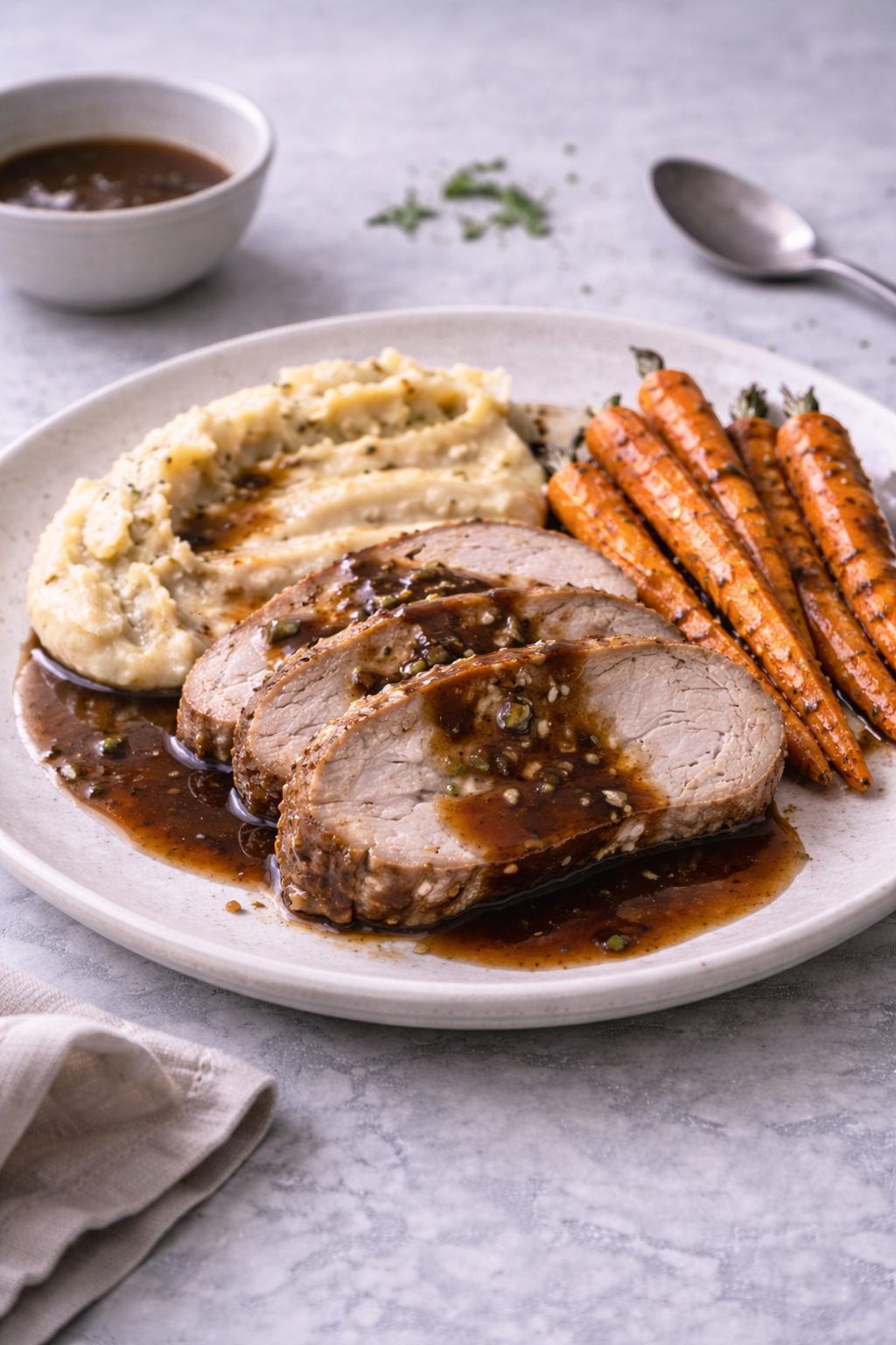Roast pork loin served with celeriac purée, roasted carrots, and dark beer sauce on a plate