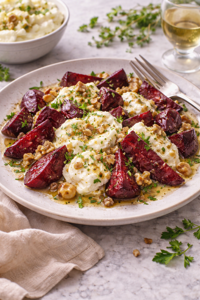 roasted beets with burrata and honey mustard dressing on a plate