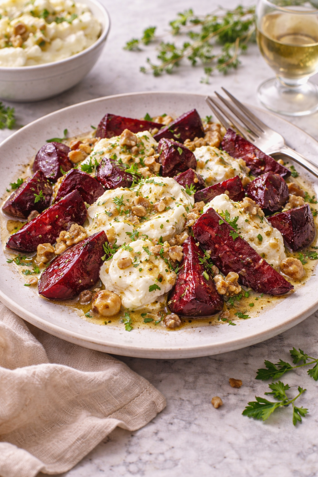 roasted beets with burrata and honey mustard dressing on a plate