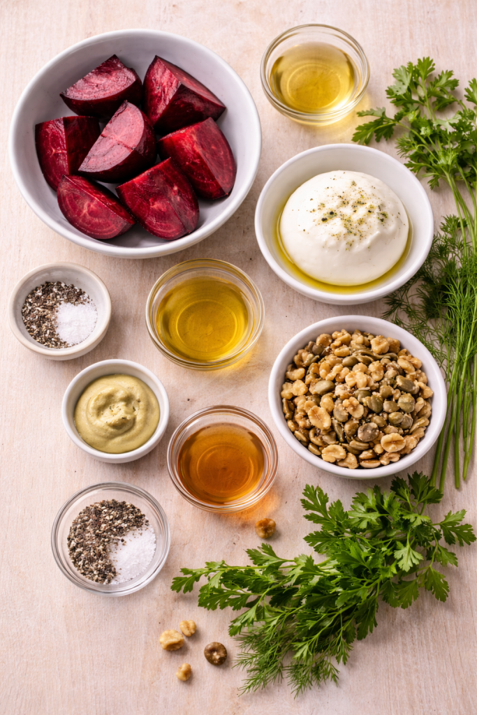 ingredients for roasted beets with burrata and honey mustard dressing arranged on a light wooden table