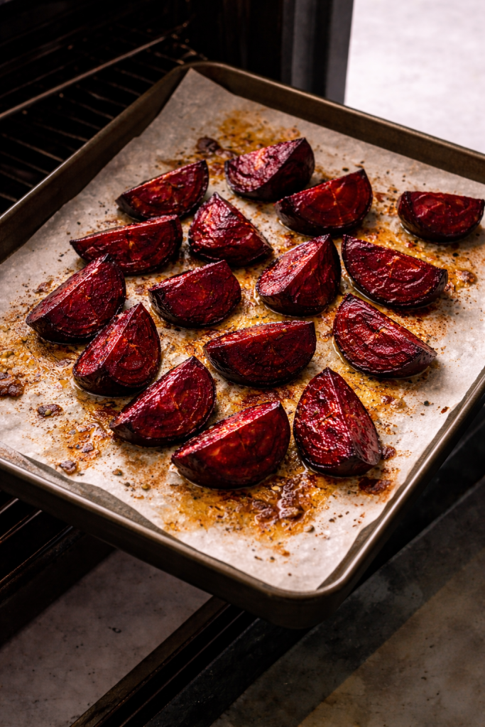 roasted beet wedges caramelizing on a baking tray inside the oven